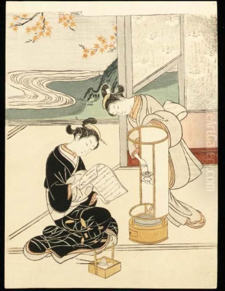 Ando No Sekisho (evening Glow Of The Lantern) Oil Painting by Suzuki Harunobu