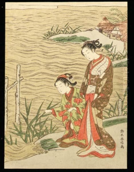 Two Beauties By The Water Oil Painting by Suzuki Harunobu