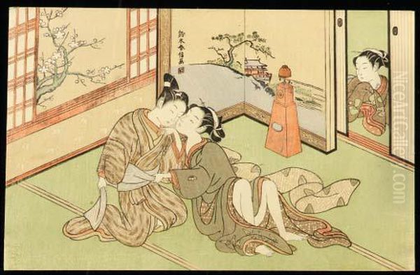 A Young Couple In An Interior Undressing Each Other Oil Painting by Suzuki Harunobu