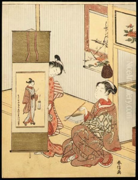 A Kamuro Showing A Hanging 
Scroll Of A Young Man Carrying A Lanternto A Smoking Courtesan Oil Painting by Suzuki Harunobu