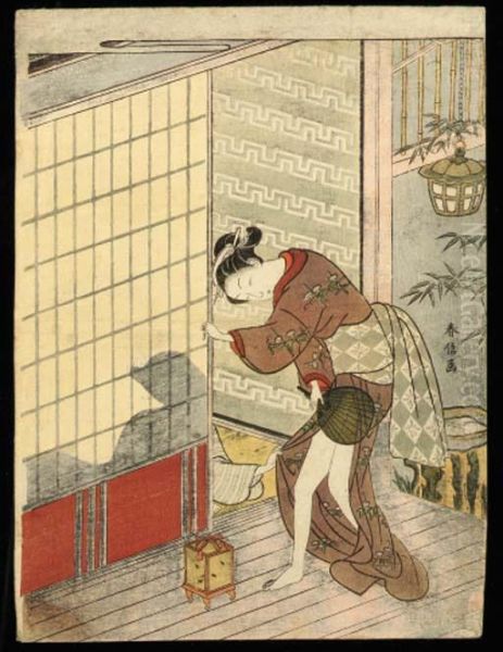 A Beauty On A Veranda Hiding Her
 Thighs With A Fan As A Man Seen Insilhouette In An Interior Pulls Her 
Skirt Oil Painting by Suzuki Harunobu