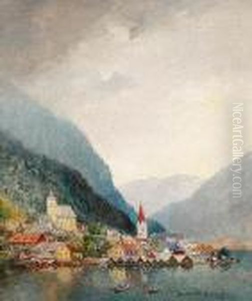 A View Of Lake Hallstadt Oil Painting by Gyula Hary