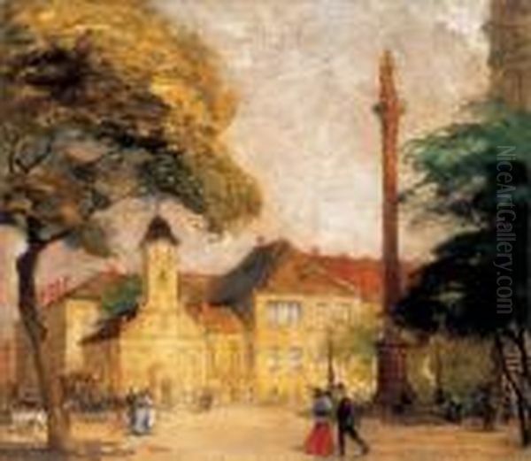 The Rokus Chapel In The Rakocsi 
Street With Mary Statue In The Turn In The Early 20th Century Oil Painting by Gyula Hary