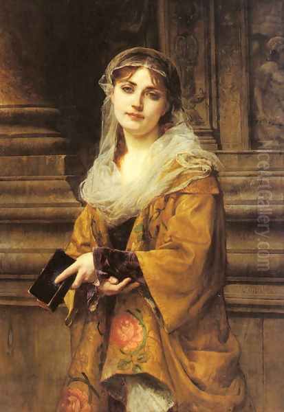 A Young Woman Outside a Church Oil Painting by Charles Louis Lucien Muller