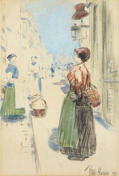 Street Vendors, Rue Des Martyrs Oil Painting by Frederick Childe Hassam