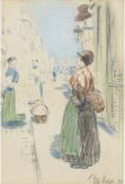 Street Vendors, Rue Des Martyrs Oil Painting by Frederick Childe Hassam