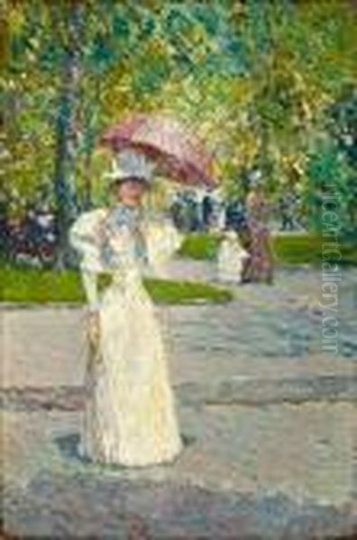 Woman With A Parasol In Park Oil Painting by Frederick Childe Hassam