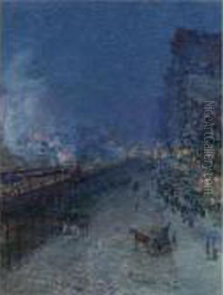 Sixth Avenue El-nocturne (the El, New York) Oil Painting by Frederick Childe Hassam