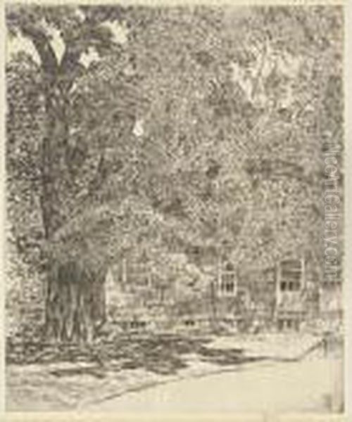 Old Mulford House; And Giant Elm, Easthampton (c./c. 264 And 326) Oil Painting by Frederick Childe Hassam