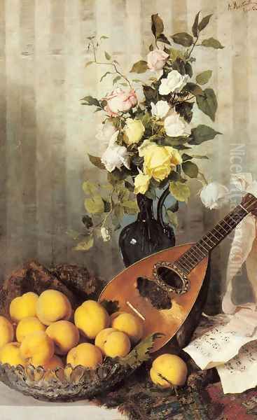 A Still Life with a Vase of Roses, a Bowl of Peaches and a Mandolin Oil Painting by Angelo Martinetti