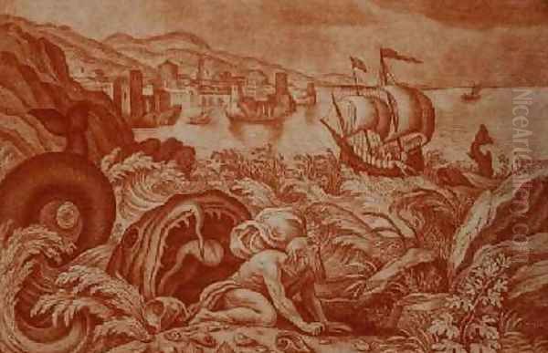 Jonah and the Whale illustration from a Bible Oil Painting by Matthaus, the Younger Merian