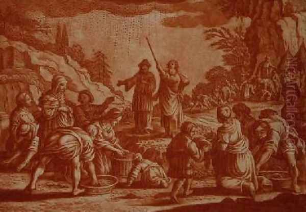 The Israelites Gathering Manna illustration from a Bible Oil Painting by Matthaus, the Younger Merian