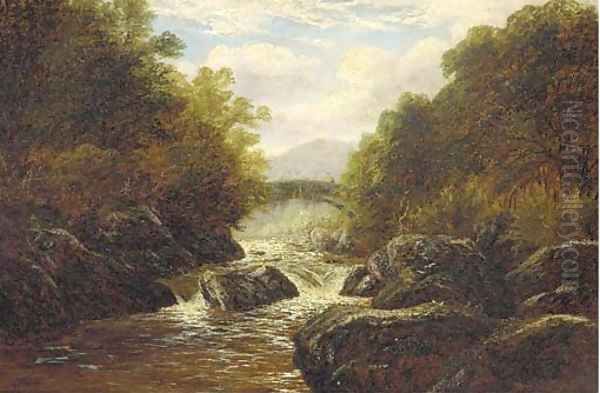 A figure on a bridge in a rocky river landscape Oil Painting by William Mellor