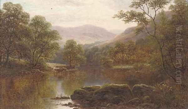 Cattle watering on the Conway, North Wales Oil Painting by William Mellor