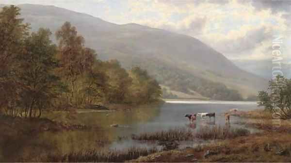 Cattle watering in a river landscape Oil Painting by William Mellor