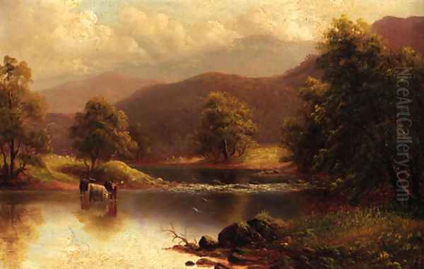 Cattle watering in a tranquil river landscape Oil Painting by William Mellor