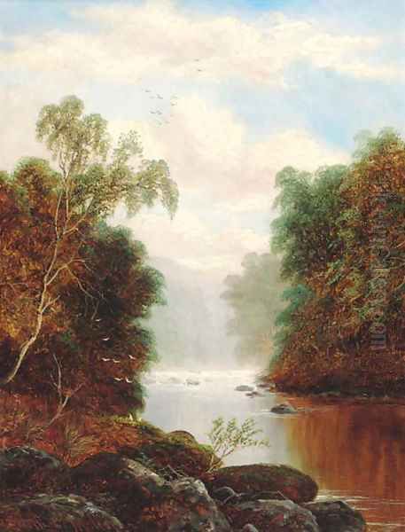 A tranquil wooded river landscape Oil Painting by William Mellor