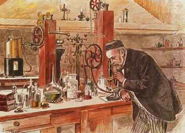 Louis Pasteur experimenting for the cure of hydrophobia in his laboratory 1885 Oil Painting by Adrien Emmanuel Marie