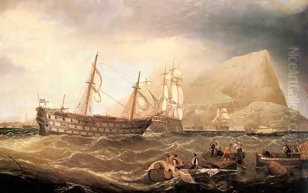 HMS Victory being towed into Gibraltar by HMS Neptune after the battle of Trafalgar Oil Painting by Charles Keith Miller