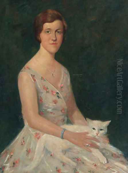 Portrait of Mies in a summer dress with a cat on her lap Oil Painting by Willem Maris