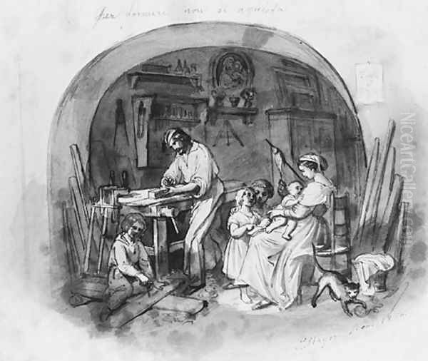 Interior Setting: Carpenter at Work with Family (from Cropsey Album) Oil Painting by Constant Mayer