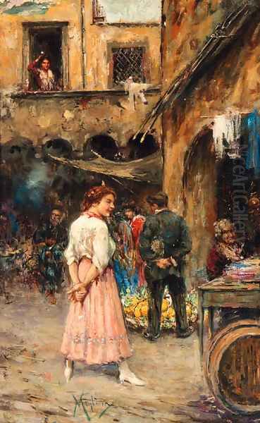 A young Girl in a Neapolitan Market Oil Painting by Vincenzo Migliaro