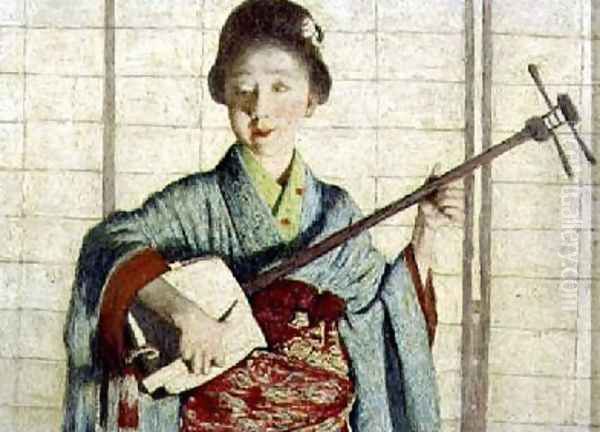 A Primrose Dame a Japanese Girl Playing a Samisen Oil Painting by Mortimer Ludington Menpes