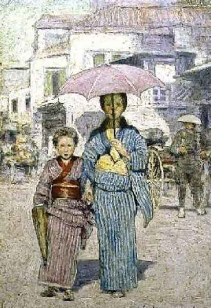 A Japanese Street Scene Oil Painting by Mortimer Ludington Menpes