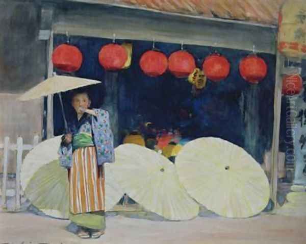 Outside a Japanese Tearoom Oil Painting by Mortimer Ludington Menpes