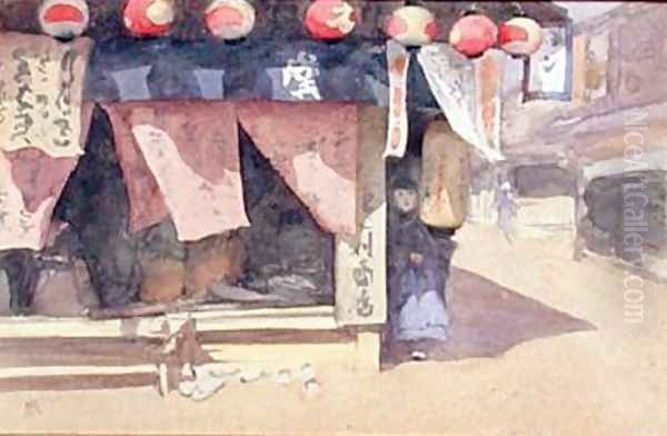 Outside a Teahouse Japan 1887-88 Oil Painting by Mortimer Ludington Menpes