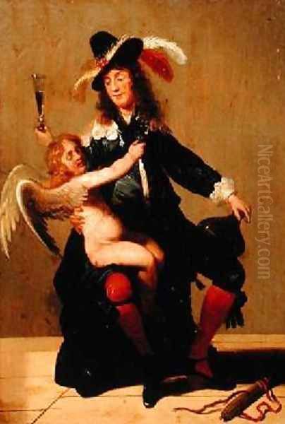 A Gentleman drinking with Cupid Oil Painting by Jacob Fransz van der Merck