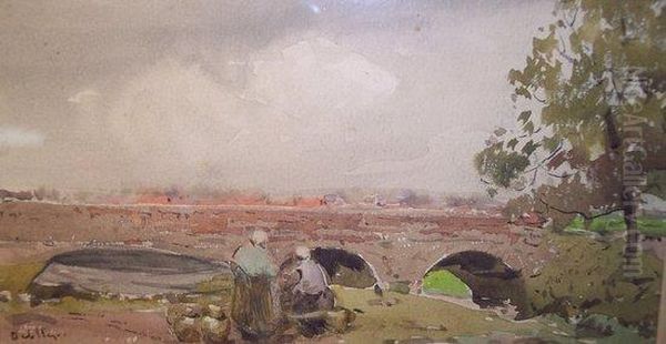 Figures By A Bridge Oil Painting by Claude Hayes