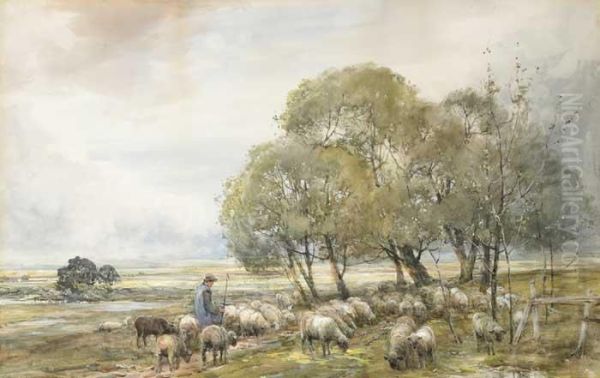 Pastoral Landscape With Shepherd Andflock Oil Painting by Claude Hayes