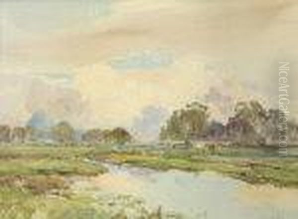 River Landscape With Cows Oil Painting by Claude Hayes