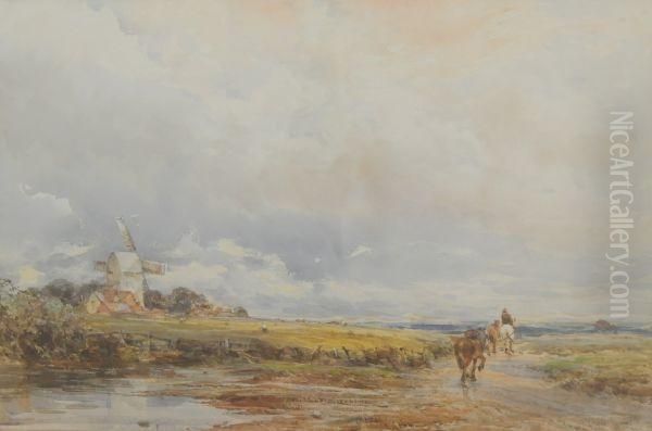 Landscape View With Windmill And Horses Oil Painting by Claude Hayes