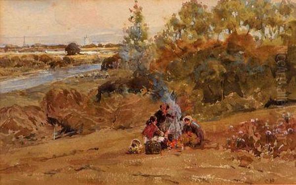 Figures Around A Camp Fire Oil Painting by Claude Hayes