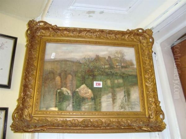 River Bridge Flanked By Cottages Oil Painting by Claude Hayes