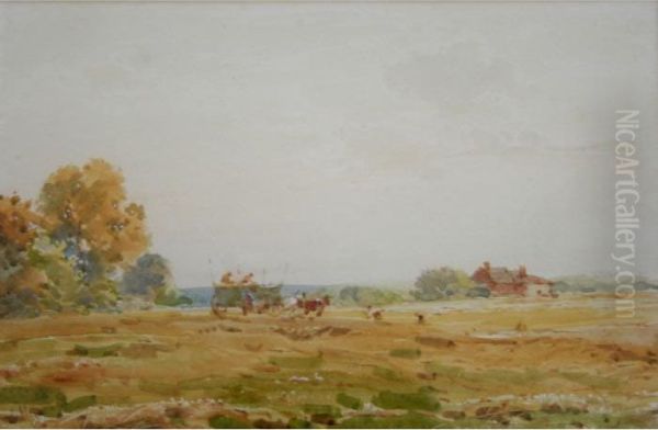 Haymaking; Cattle Grazing Oil Painting by Claude Hayes