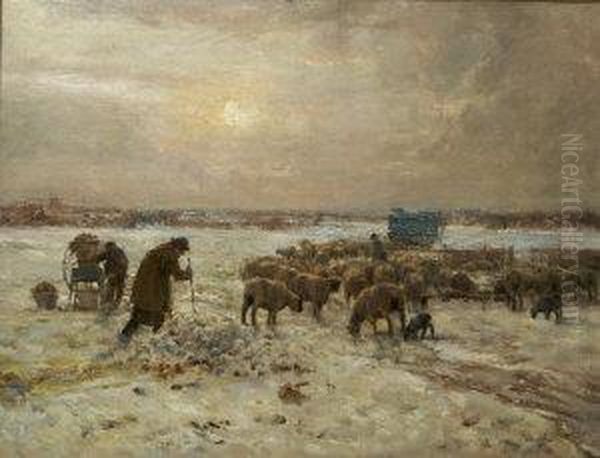 Farmers Cutting Turnip In Winter Landscape To Feed Sheep Oil Painting by Claude Hayes