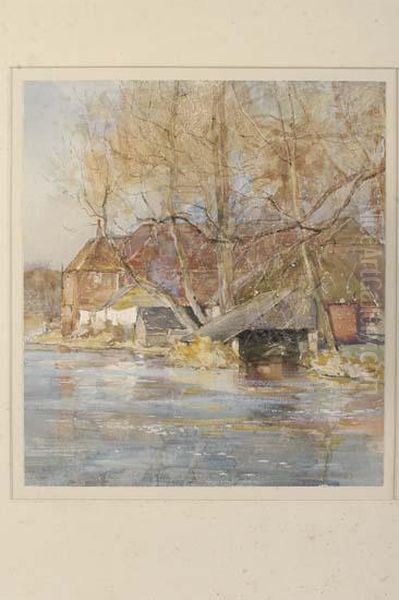 A Riverside Mill House Oil Painting by Claude Hayes