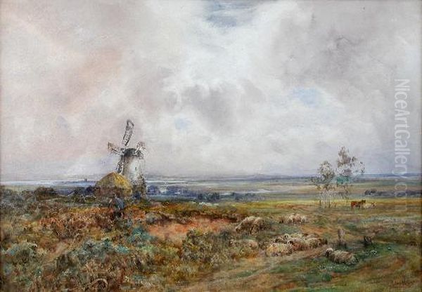 Awindmill And A Hayrick By The Sea Oil Painting by Claude Hayes