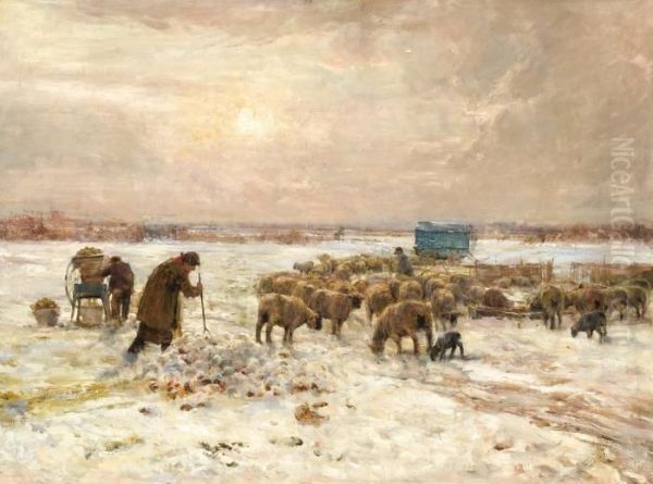 Shepherds And Their Flock In Winter Oil Painting by Claude Hayes