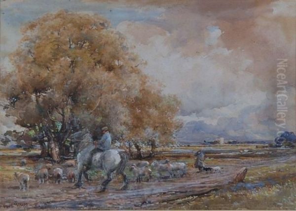 Shepherds Driving Their Flock In An Extensive Landscape With Church In The Distance Oil Painting by Claude Hayes