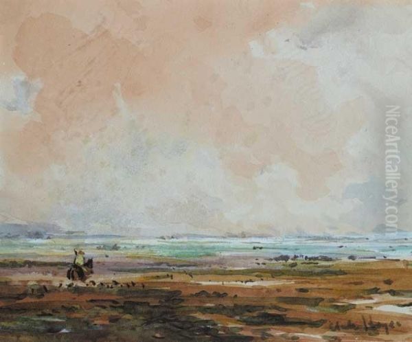 Beach At Low Tide - Christmas Card Sent To J.r. Hall Oil Painting by Claude Hayes