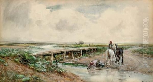 Farmers Watering Their Carthorses Oil Painting by Claude Hayes