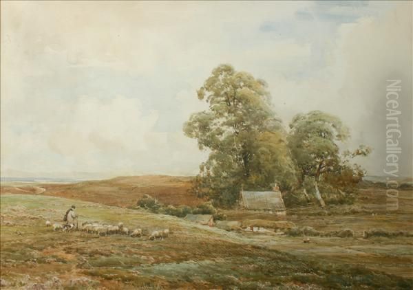 Amoorland Farmstead With A Shepherd And His Flock Oil Painting by Claude Hayes