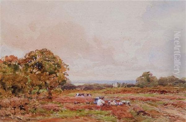 A Country Landscape With Shepherd And Sheep Oil Painting by Claude Hayes