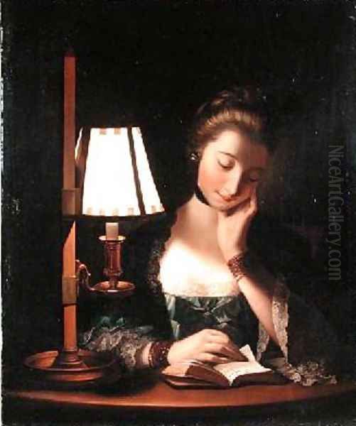 Woman Reading by a Paper-bell Shade 1766 Oil Painting by Henry Robert Morland