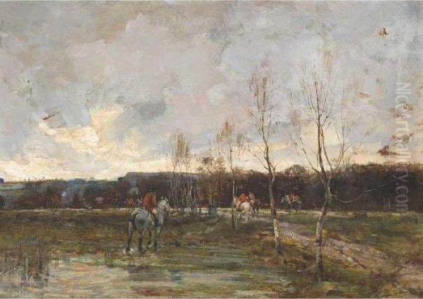 Landscape With Huntsmen Oil Painting by Claude Hayes