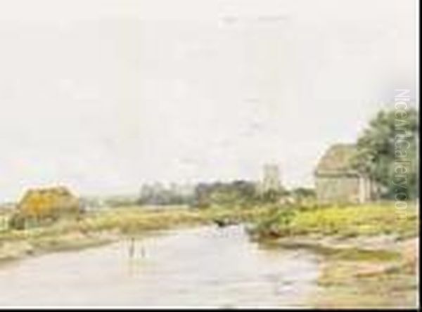 River Landscape With Distant Church Oil Painting by Claude Hayes